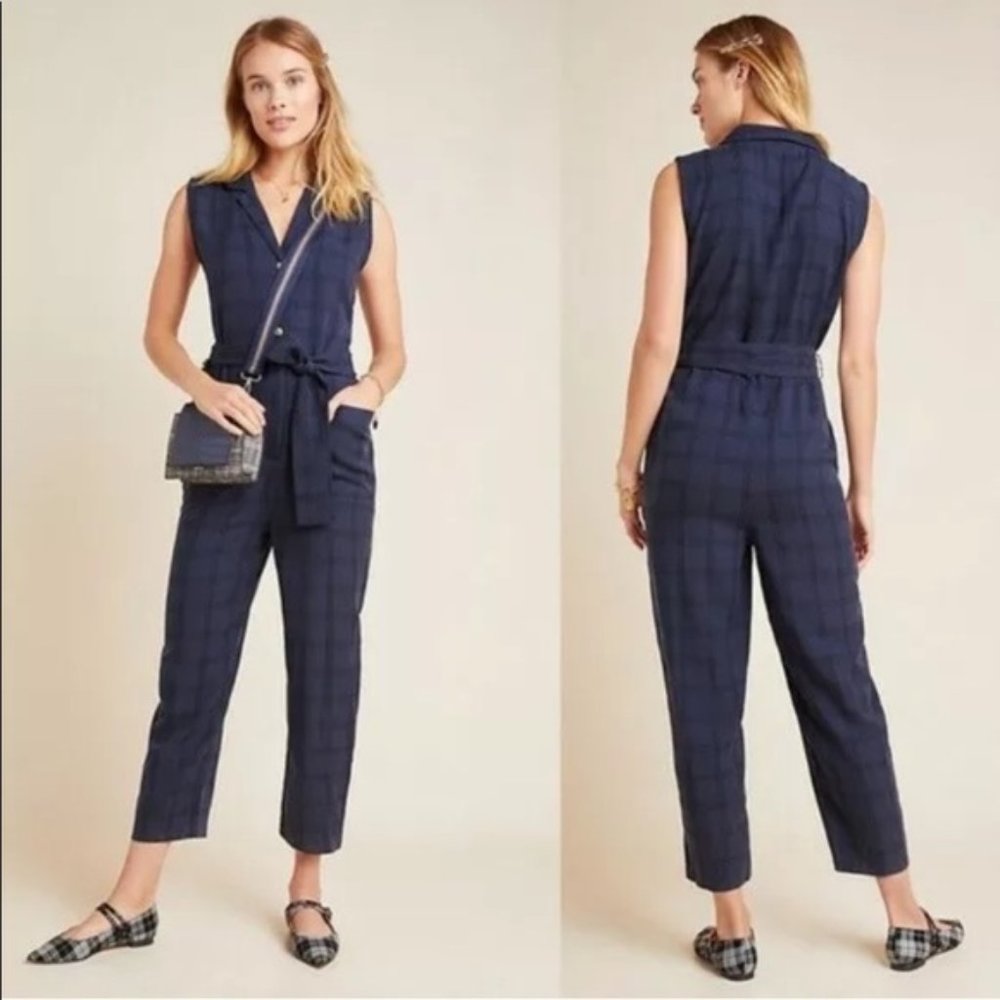 Anthropologie Jumpsuit Brielle Plaid Collar Button Sleeveless Blue - Size M NWT